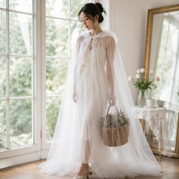 Hooded Cape Sheer Tulle Self-Tie Neck