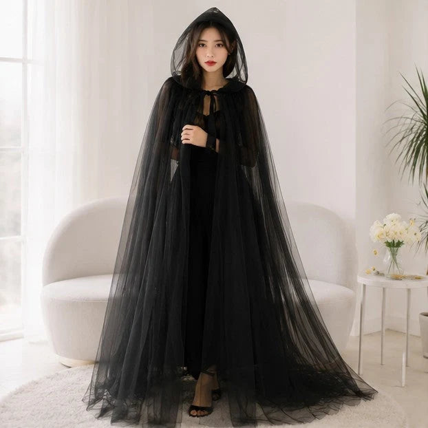 Hooded Cape Sheer Tulle Self-Tie Neck