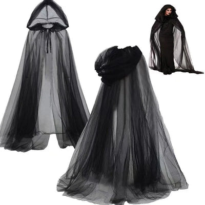 Hooded Cape Sheer Tulle Self-Tie Neck