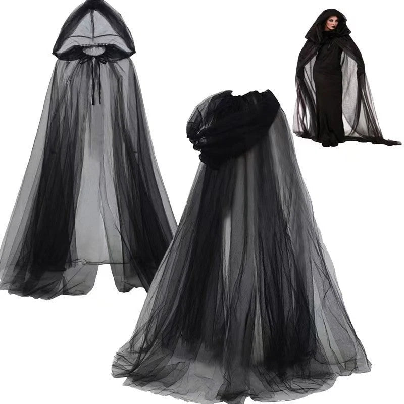 Hooded Cape Sheer Tulle Self-Tie Neck