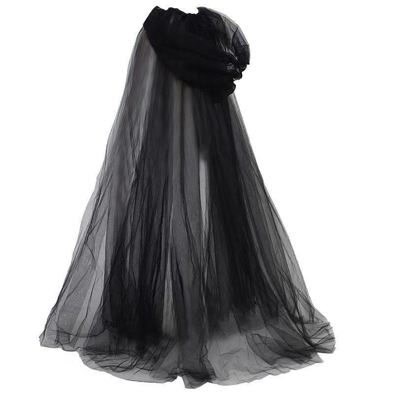 Hooded Cape Sheer Tulle Self-Tie Neck