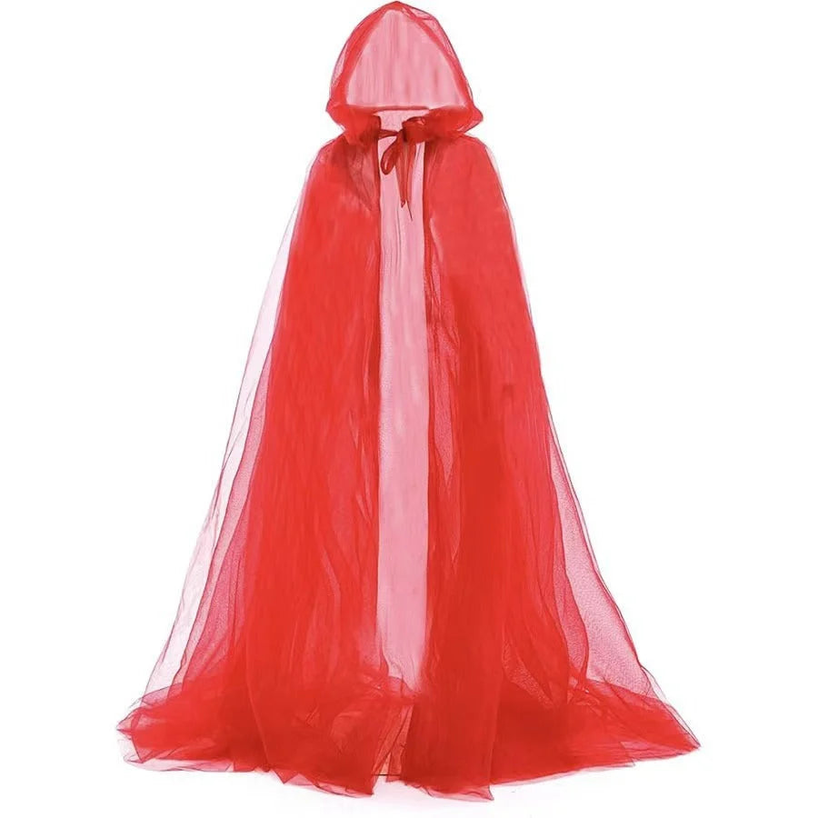 Hooded Cape Sheer Tulle Self-Tie Neck