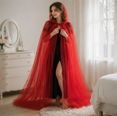 Hooded Cape Sheer Tulle Self-Tie Neck