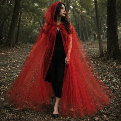 Hooded Cape Sheer Tulle Self-Tie Neck