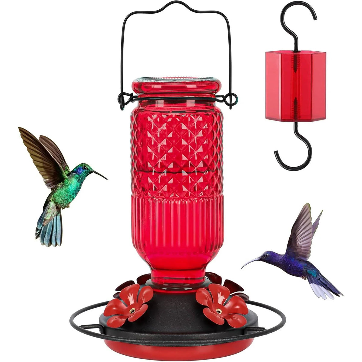 Hummingbird Feeder Glass Bottle Bee Guards & Ant Moat 16 Oz