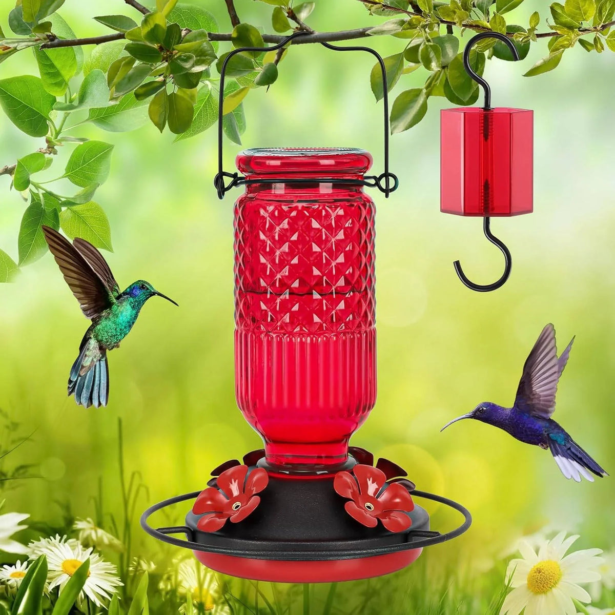 Hummingbird Feeder Glass Bottle Bee Guards & Ant Moat 16 Oz
