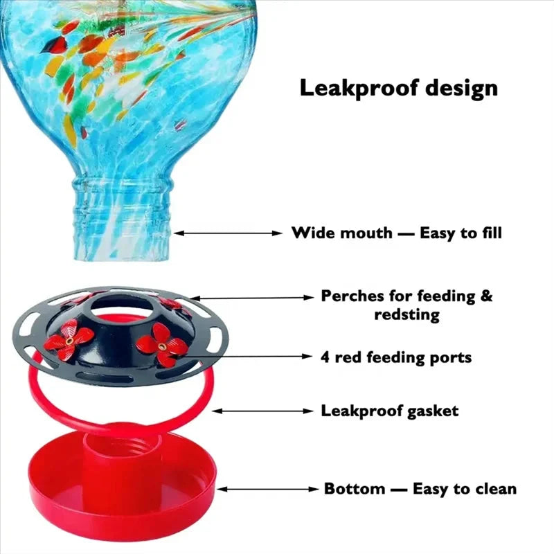 Hummingbird Feeder Hand-Blown Glass Bee-Proof Ports & Ant Moat