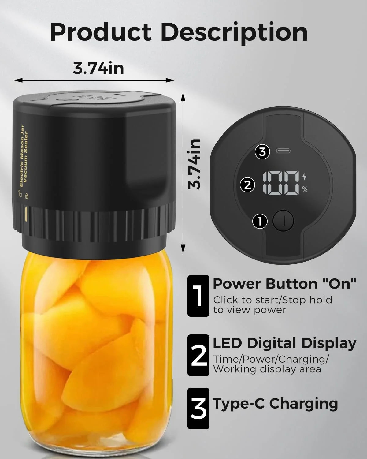 Jar Vacuum Sealer One-Touch Cordless Rechargeable