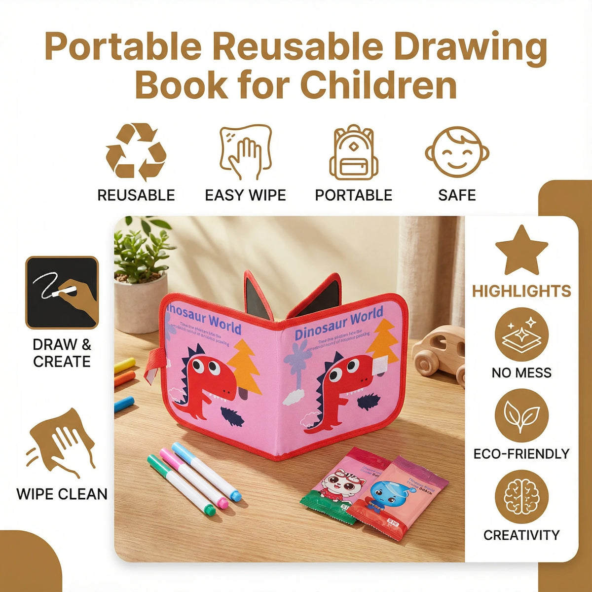 Kids Drawing Book Wipe-Clean Reusable Travel Size