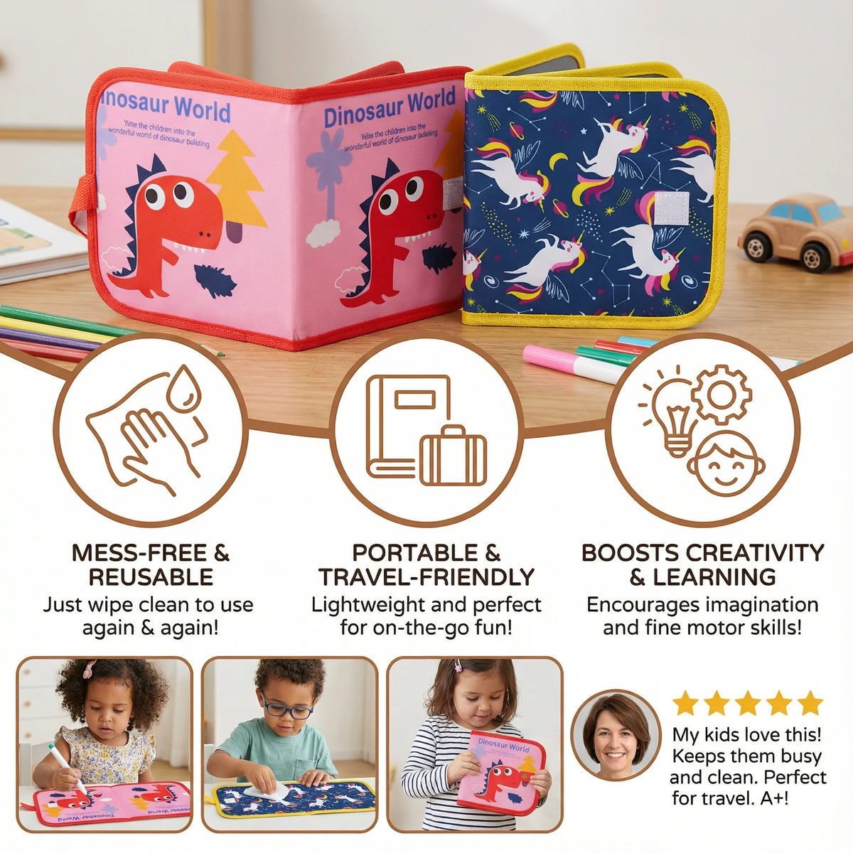 Kids Drawing Book Wipe-Clean Reusable Travel Size