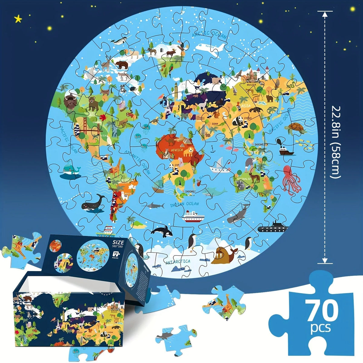 Kids Floor Puzzle Round World Map 70 Pieces