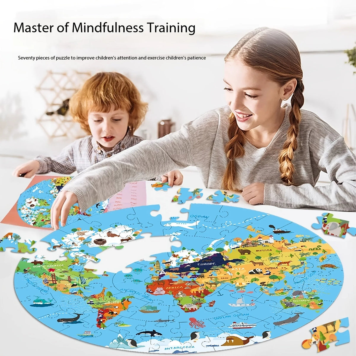 Kids Floor Puzzle Round World Map 70 Pieces