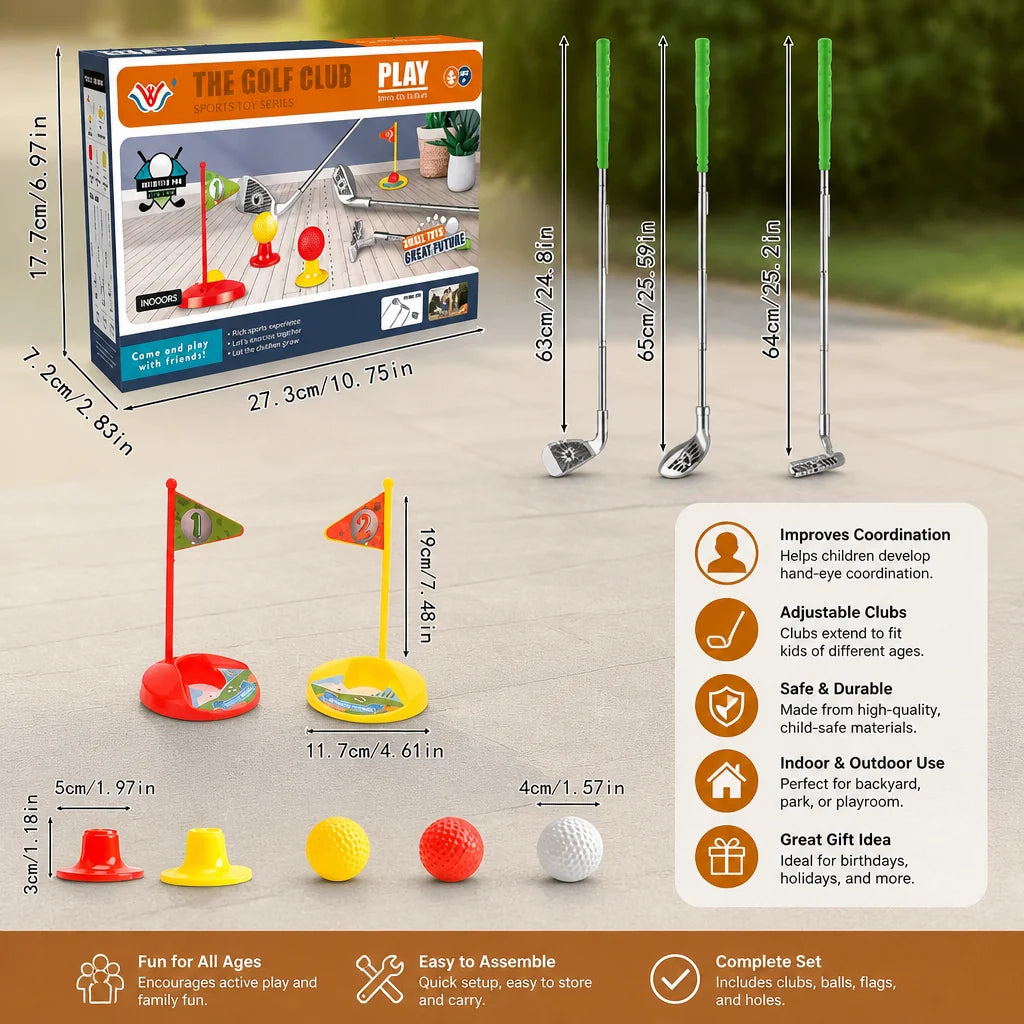 Kids Golf Set Height-Adjustable Clubs With Flags & Balls