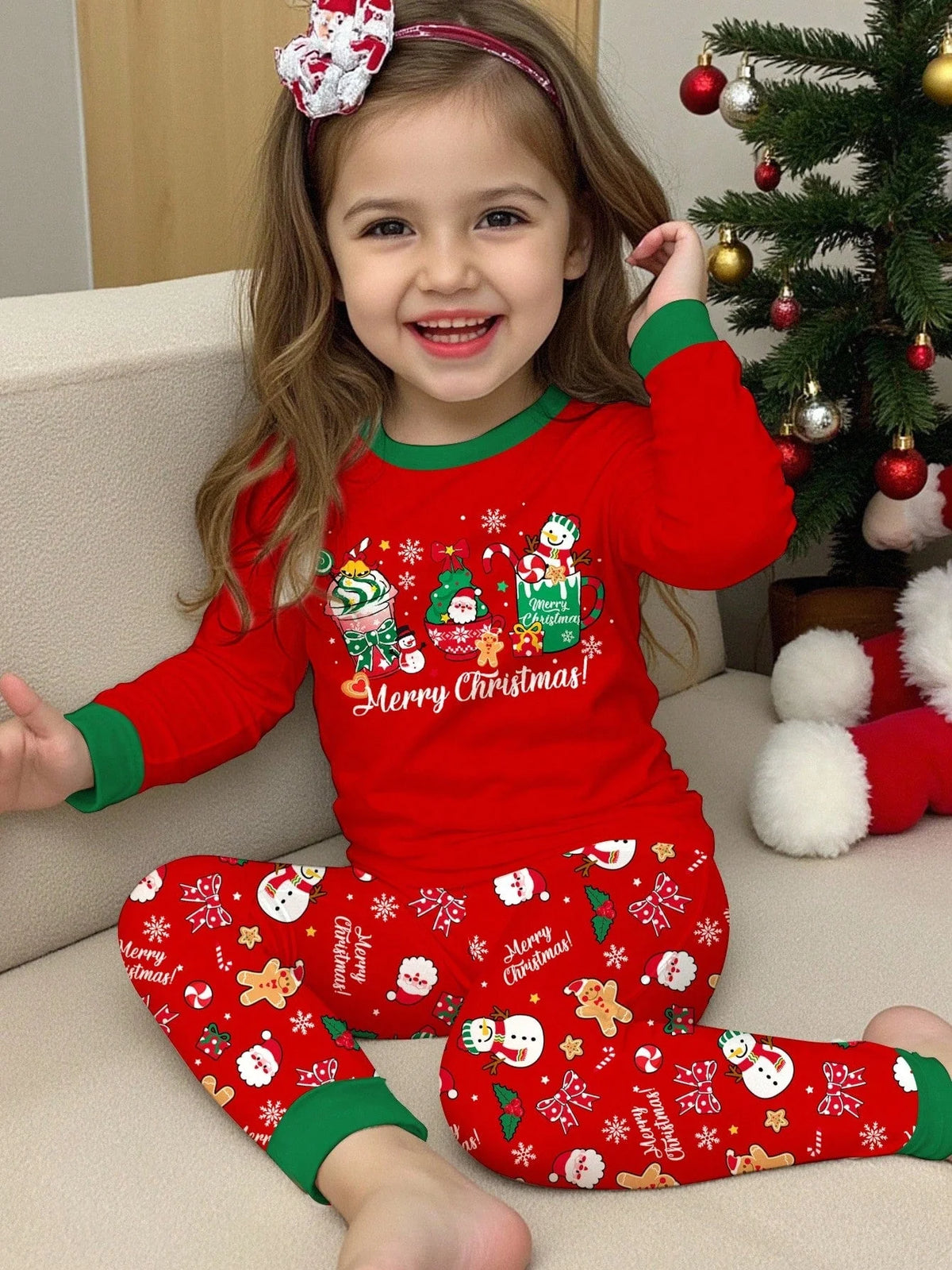 Kids Pajama Set Thermal Lined Stretch Knit Holiday Print