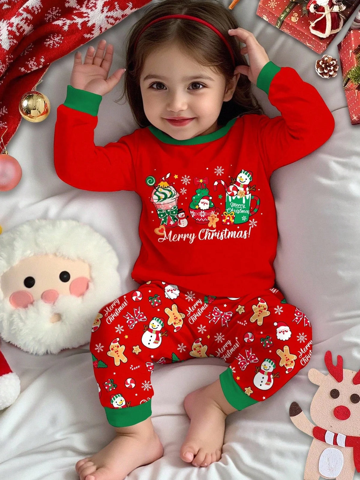 Kids Pajama Set Thermal Lined Stretch Knit Holiday Print