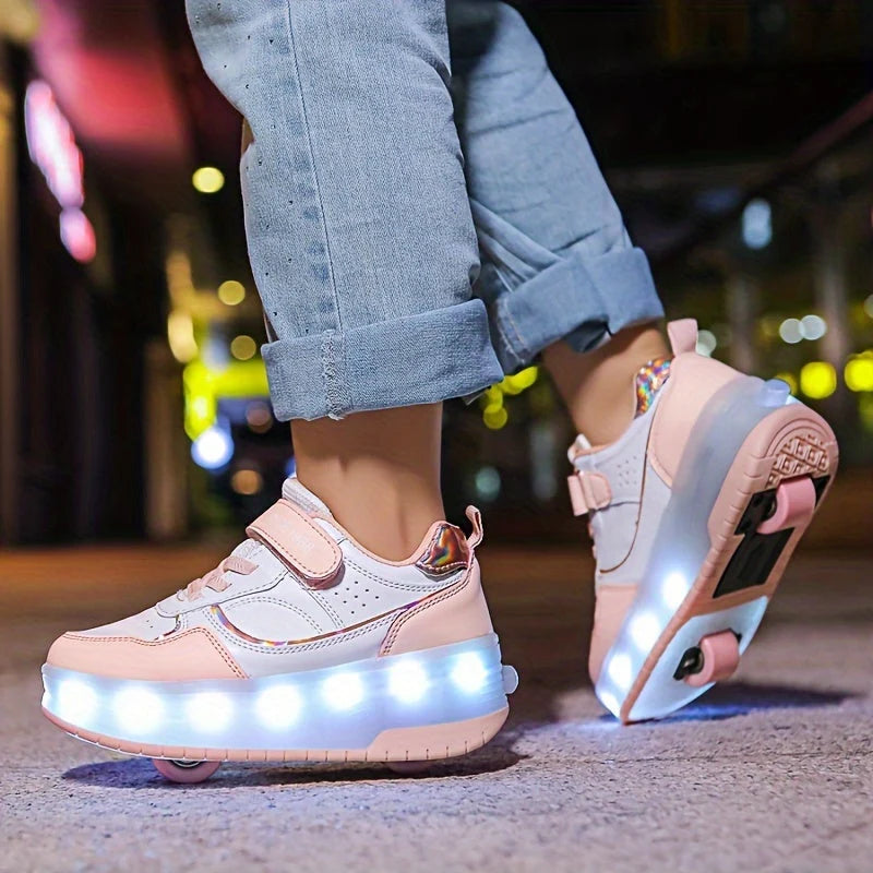 Kids Roller Skate Sneakers Fold-Out Wheels Rechargeable LED Sole