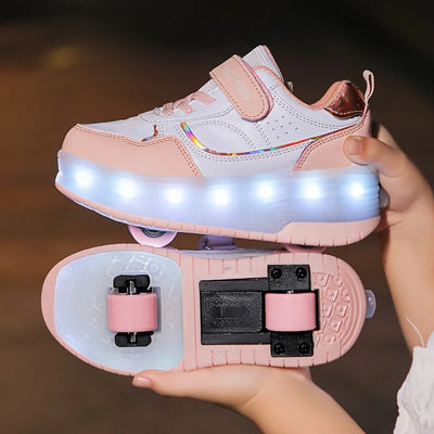Kids Roller Skate Sneakers Fold-Out Wheels Rechargeable LED Sole