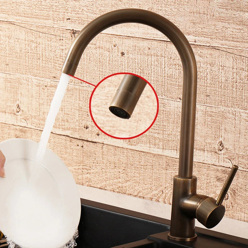 Kitchen Faucet Antique Brass 360° Swivel Spout Stainless Steel