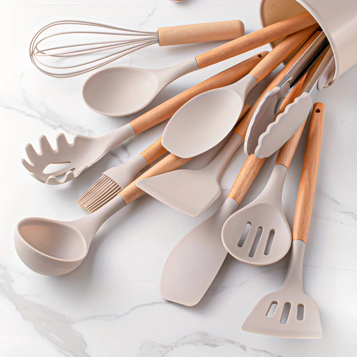 Kitchen Utensil Set Heat-Resistant Silicone & Bamboo Handles 12-Piece