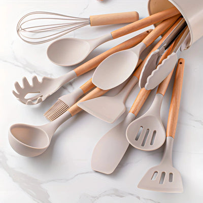 Kitchen Utensil Set Heat-Resistant Silicone & Bamboo Handles 12-Piece