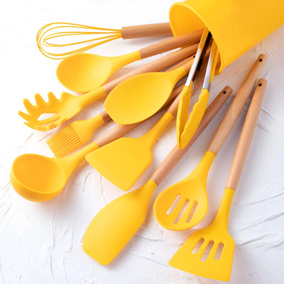 Kitchen Utensil Set Heat-Resistant Silicone & Bamboo Handles 12-Piece