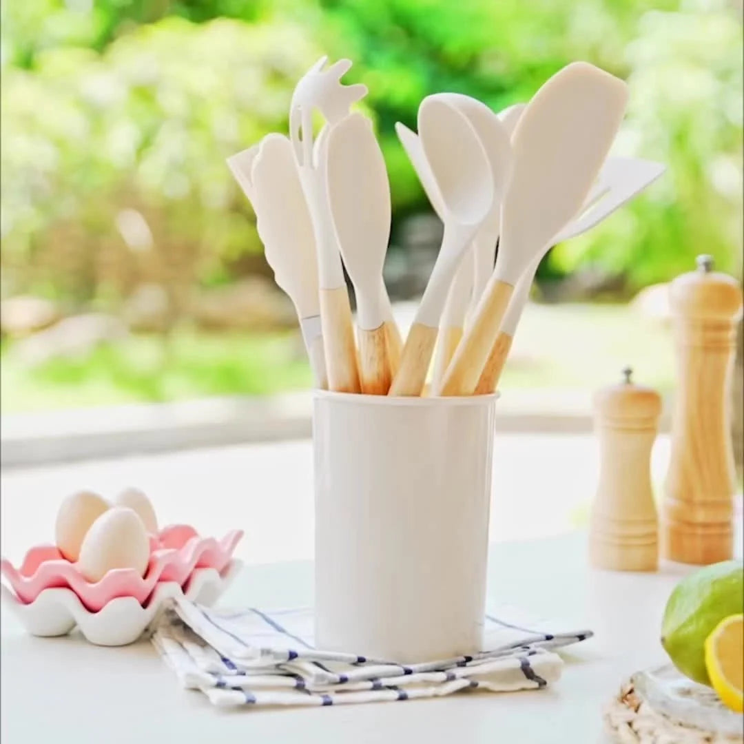 Kitchen Utensil Set Heat-Resistant Silicone & Bamboo Handles 12-Piece
