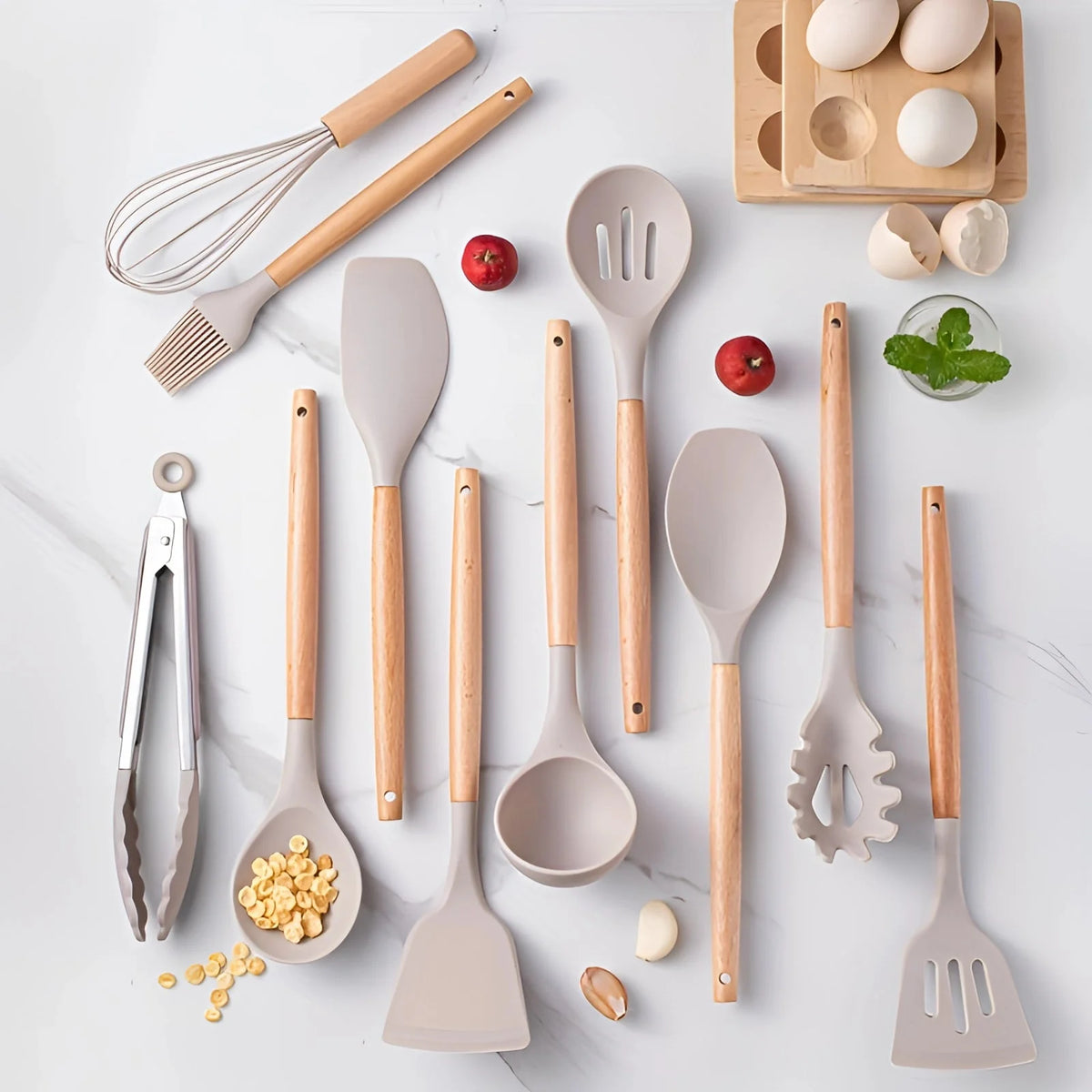 Kitchen Utensil Set Heat-Resistant Silicone & Bamboo Handles 12-Piece