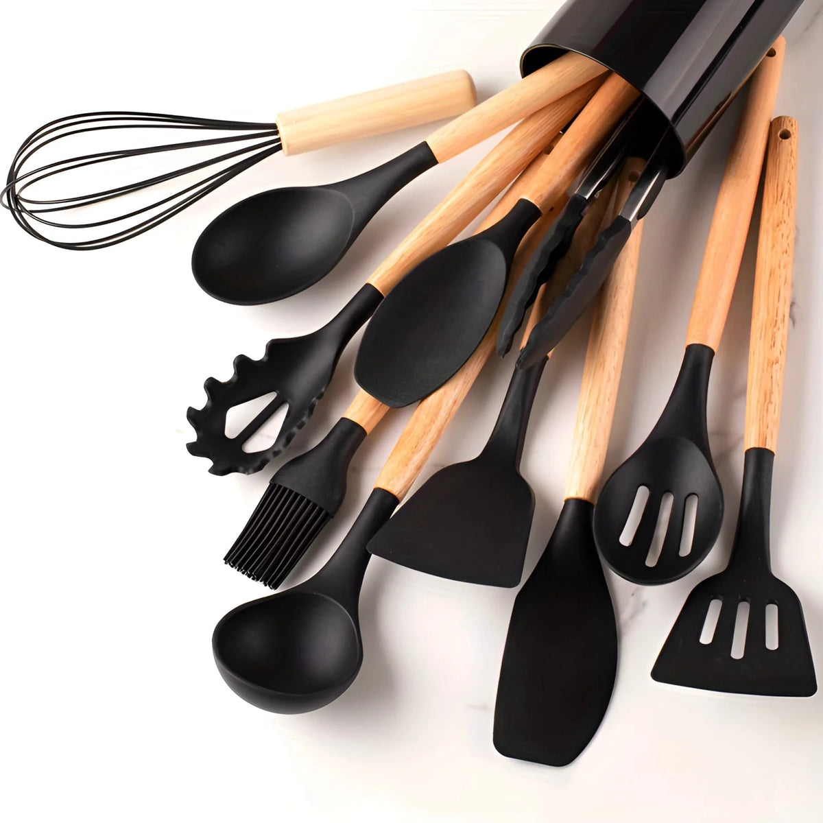 Kitchen Utensil Set Heat-Resistant Silicone & Bamboo Handles 12-Piece
