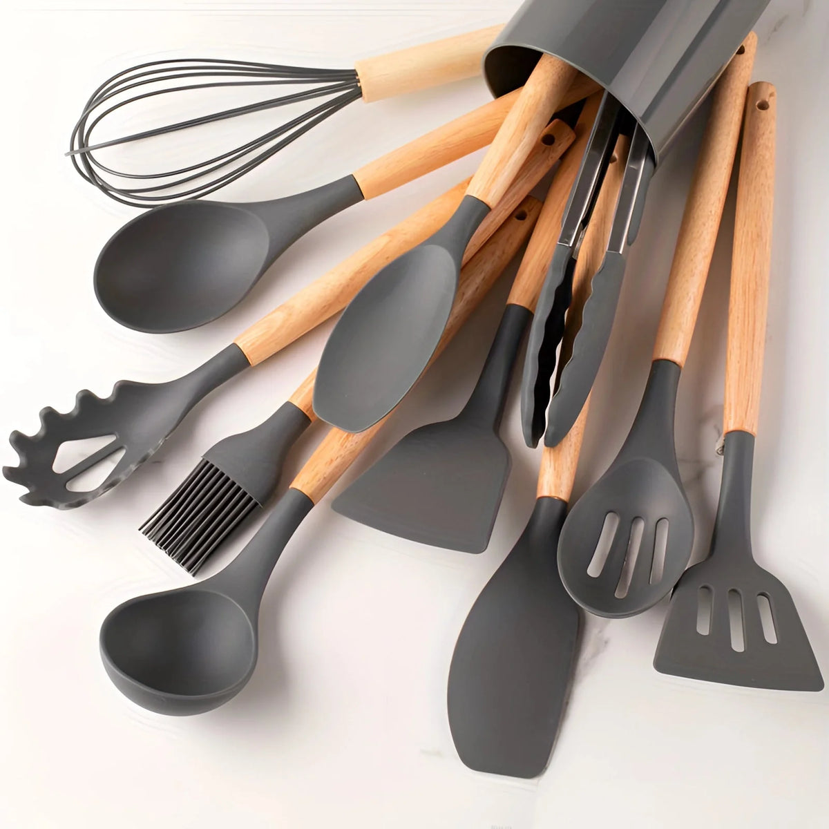 Kitchen Utensil Set Heat-Resistant Silicone & Bamboo Handles 12-Piece