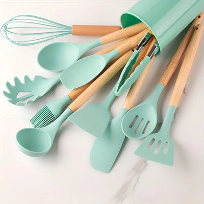 Kitchen Utensil Set Heat-Resistant Silicone & Bamboo Handles 12-Piece
