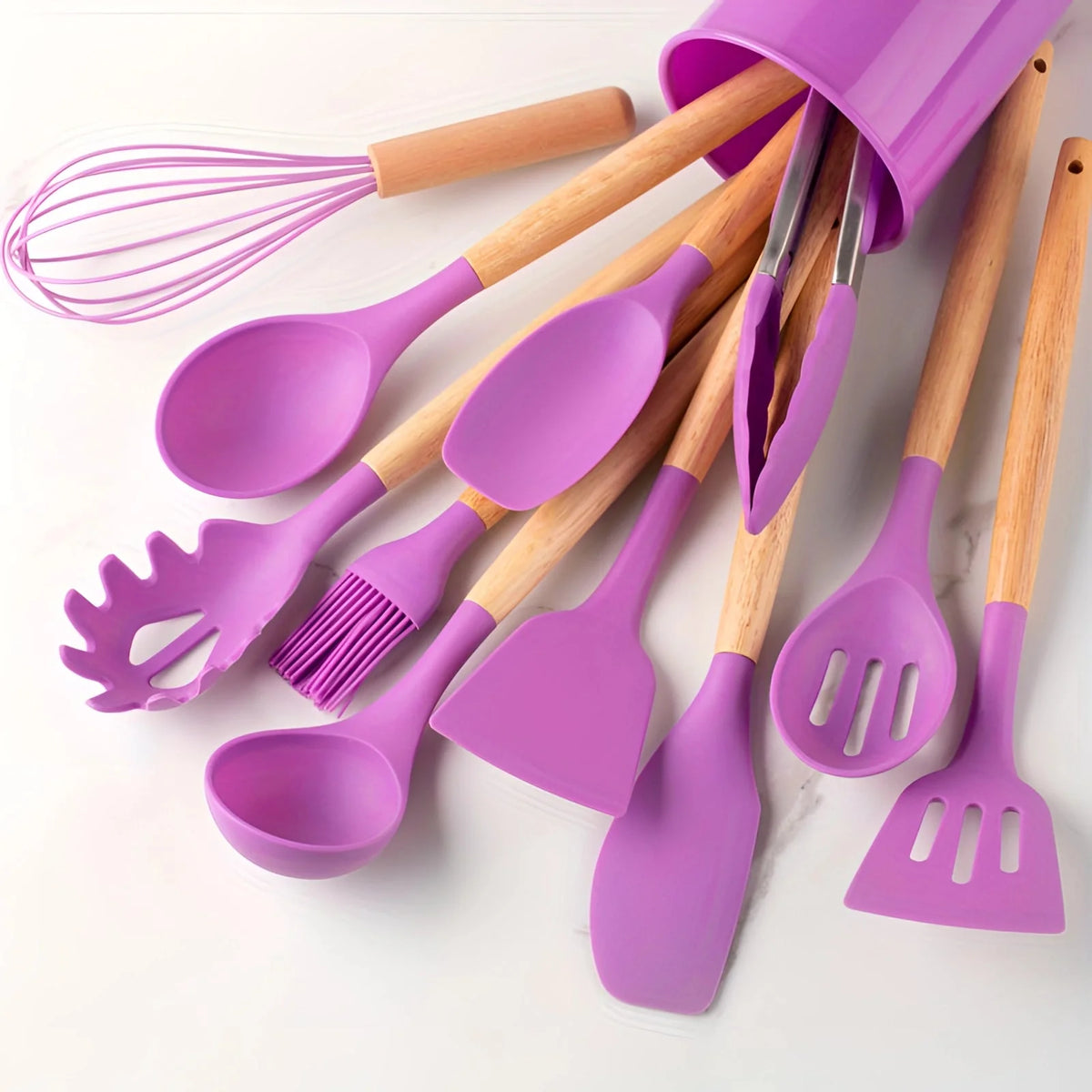 Kitchen Utensil Set Heat-Resistant Silicone & Bamboo Handles 12-Piece