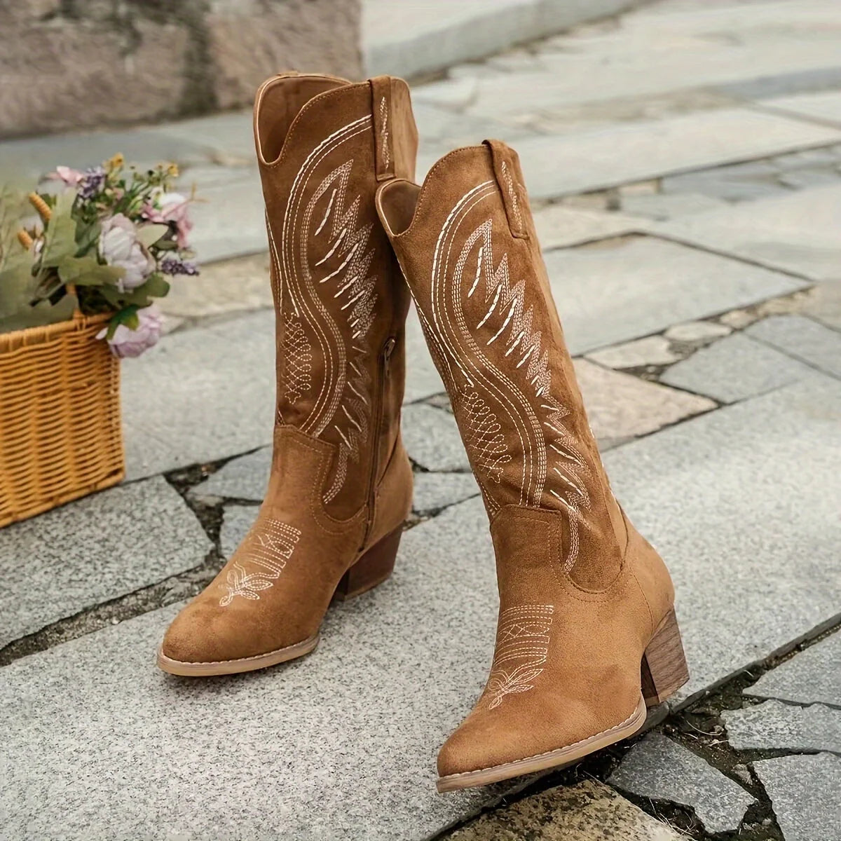 Knee High Boots Embroidered Western Block Heel Pointed Toe