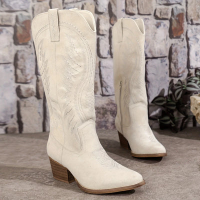 Knee High Boots Embroidered Western Block Heel Pointed Toe