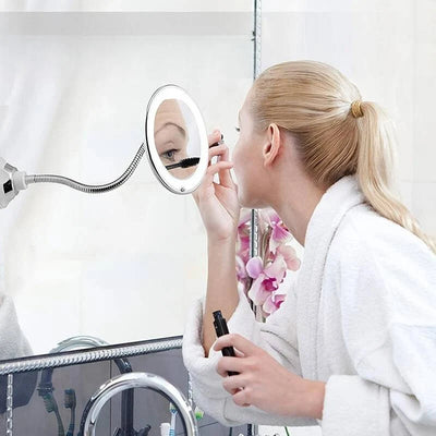 LED Makeup Mirror 10x Magnification Flexible Arm Suction Mount