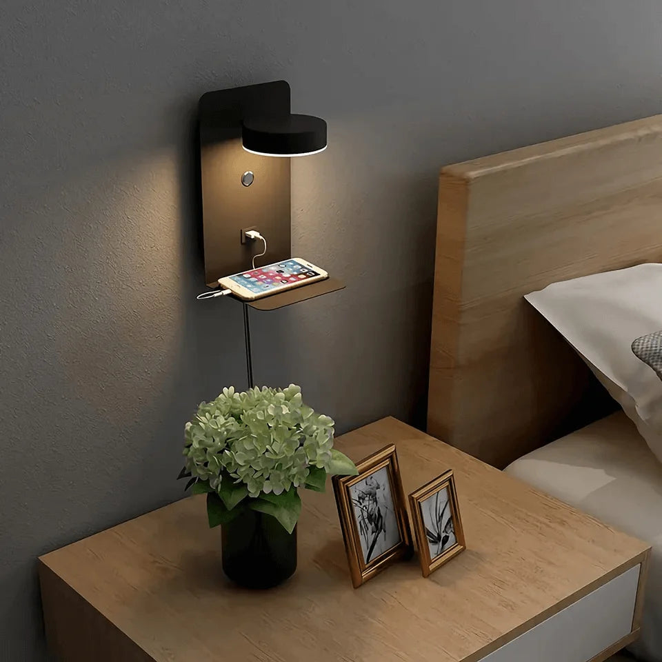 LED Wall Lamp Reading Light Phone Shelf & Charger