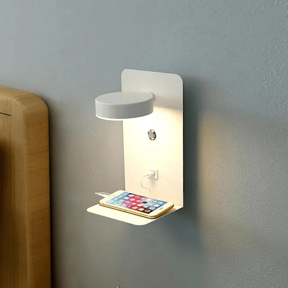 LED Wall Lamp Reading Light Phone Shelf & Charger