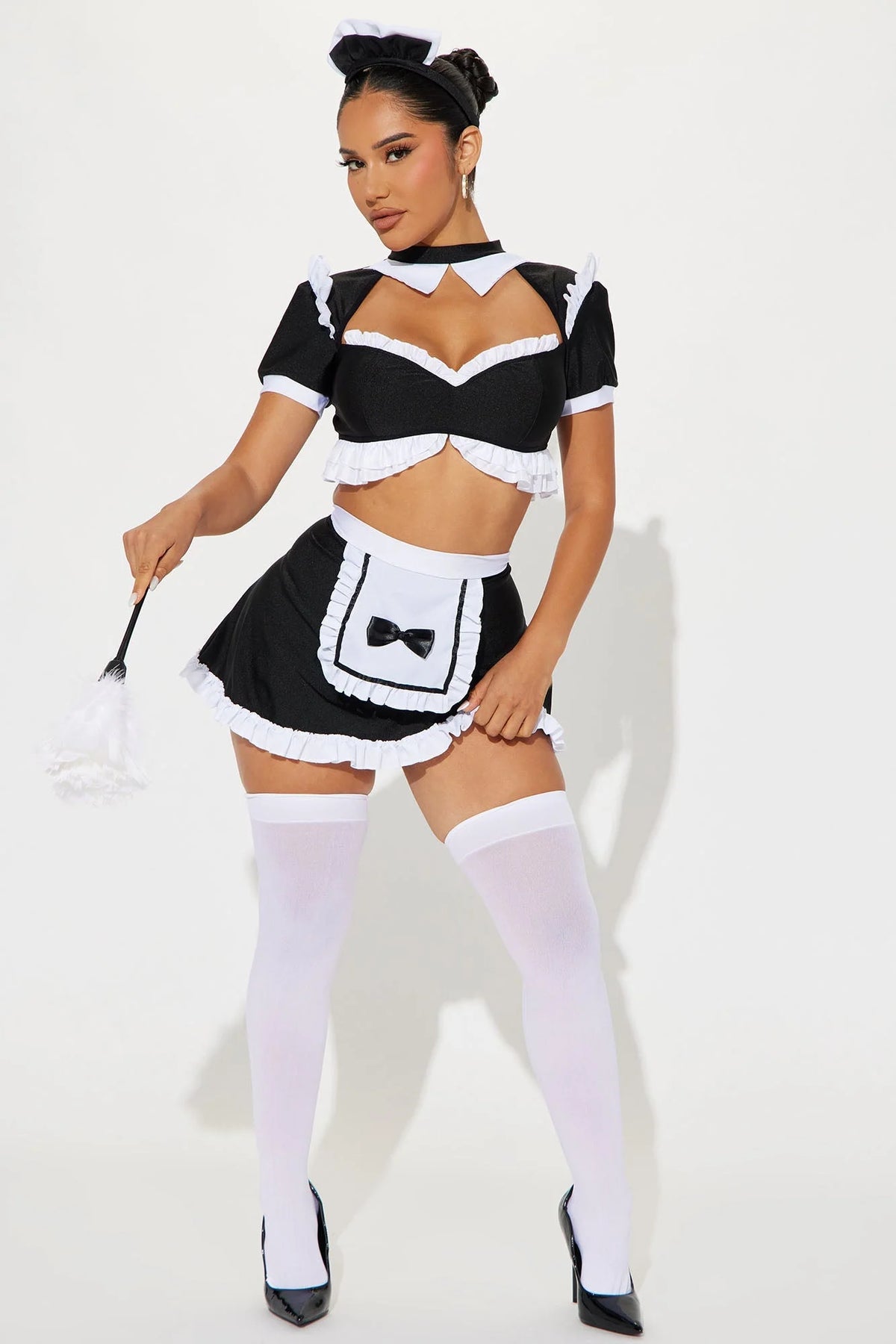 Maid Costume Set Lace-Trim Attached Apron Stretch Fabric