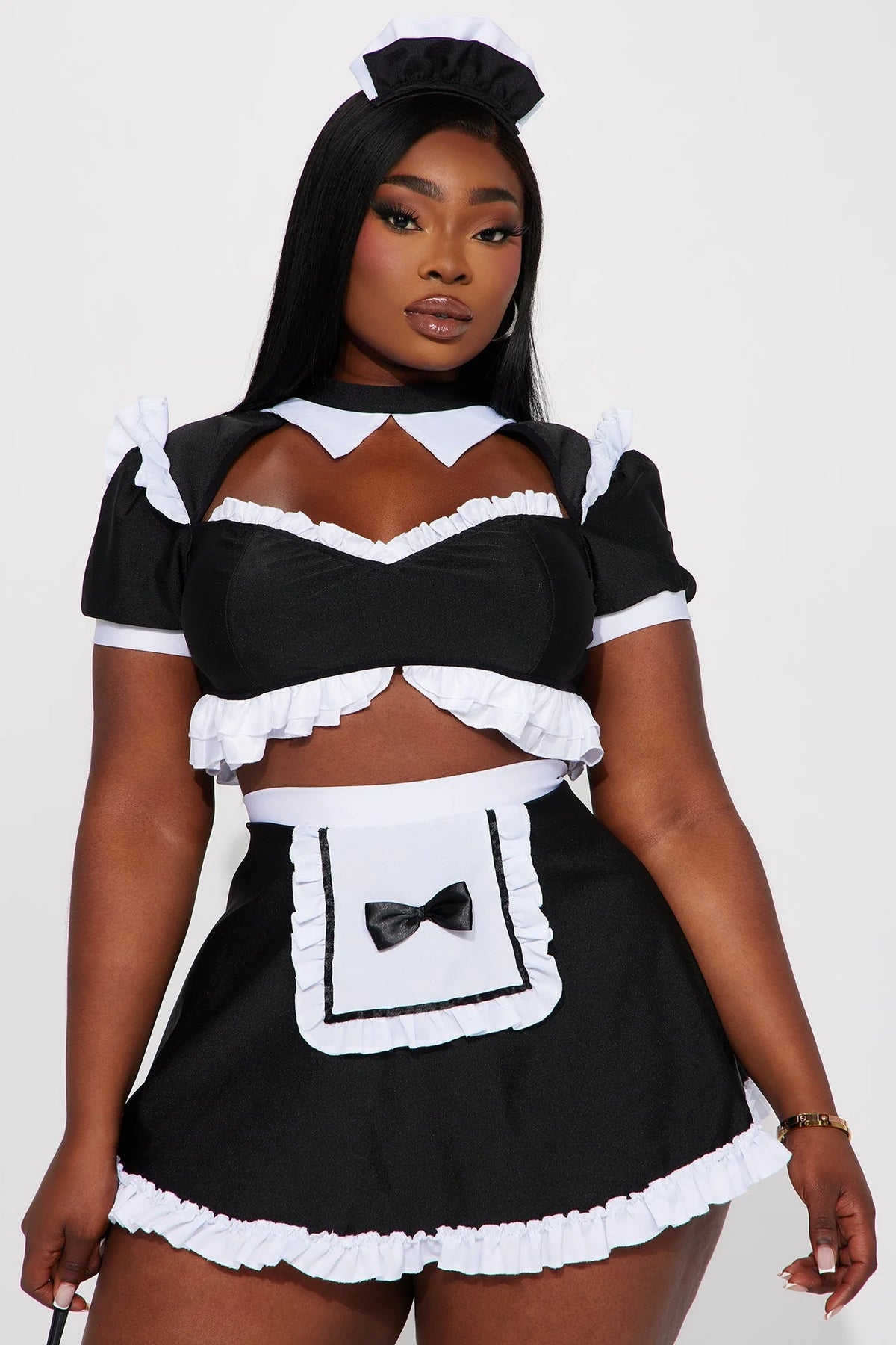 Maid Costume Set Lace-Trim Attached Apron Stretch Fabric