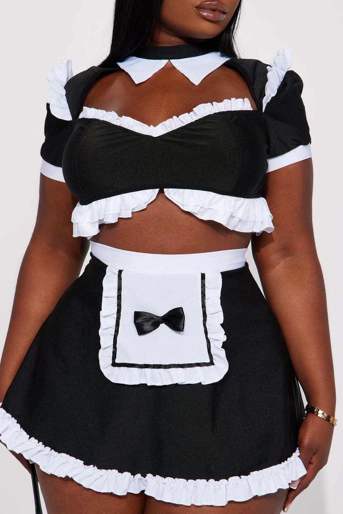 Maid Costume Set Lace-Trim Attached Apron Stretch Fabric