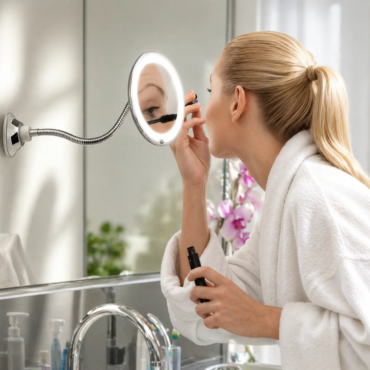 Makeup Mirror 10x Magnification LED Ring 360° Suction Mount