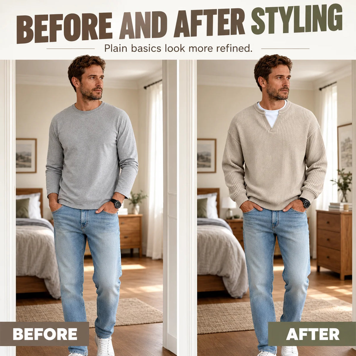 Men’s Long Sleeve T-Shirt Waffle Knit Faux Layered Look Relaxed Fit