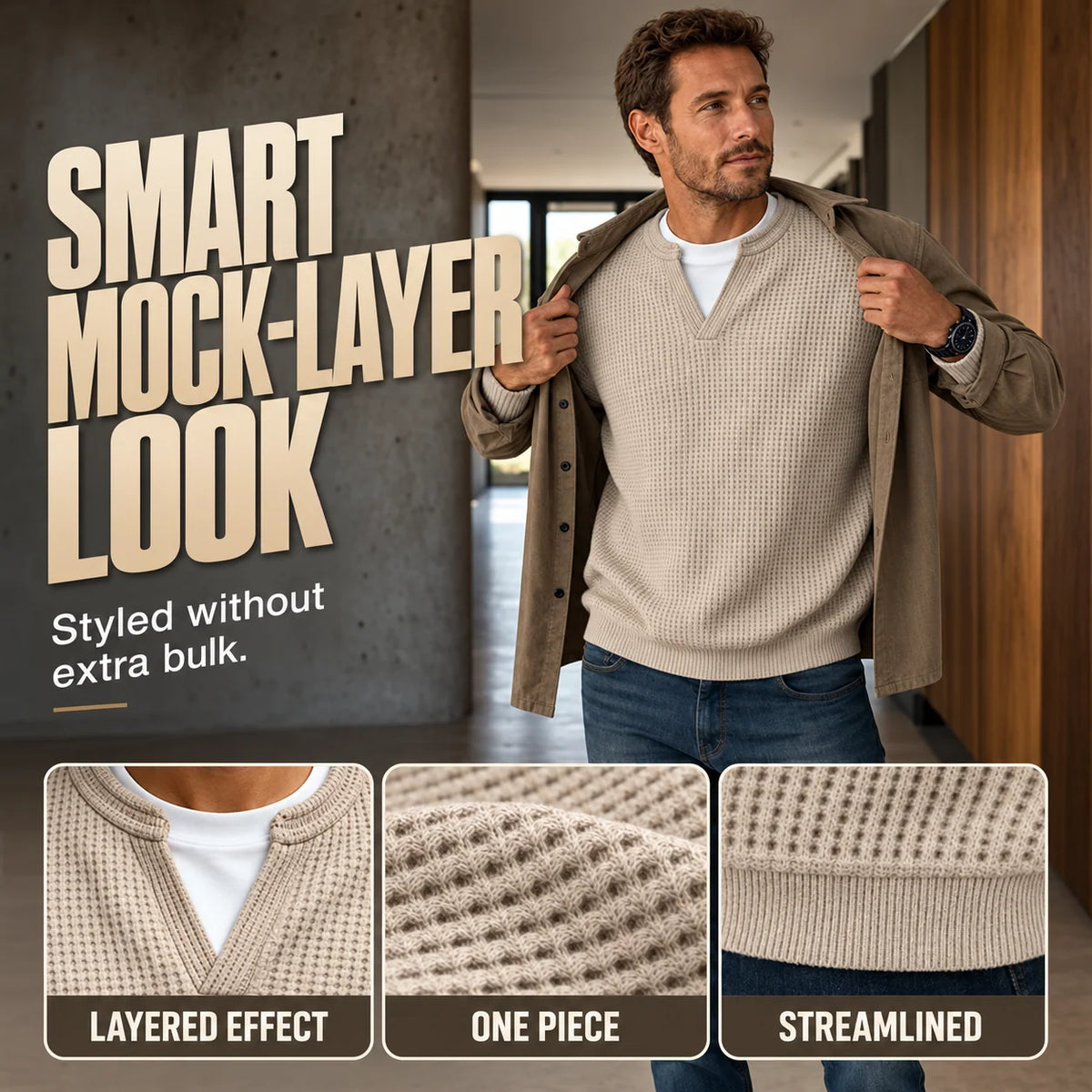 Men’s Long Sleeve T-Shirt Waffle Knit Faux Layered Look Relaxed Fit