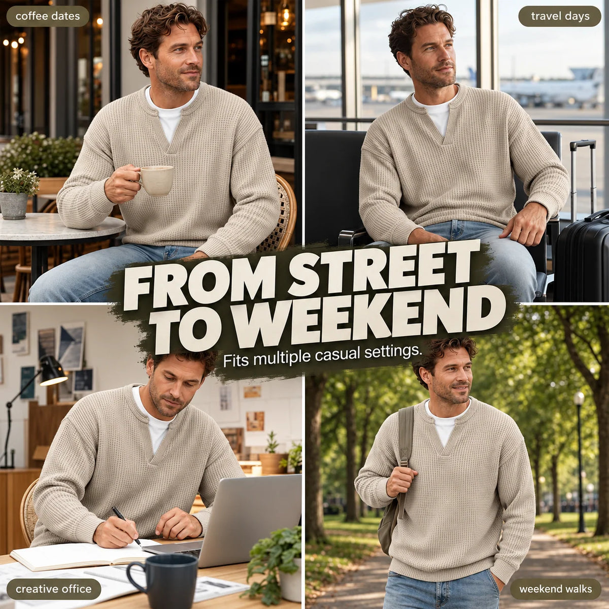 Men’s Long Sleeve T-Shirt Waffle Knit Faux Layered Look Relaxed Fit