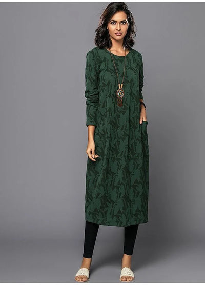 Midi Dress Long Sleeve Cotton Blend & Side Pockets