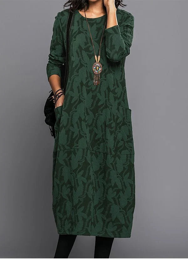 Midi Dress Long Sleeve Cotton Blend & Side Pockets