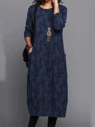 Midi Dress Long Sleeve Cotton Blend & Side Pockets