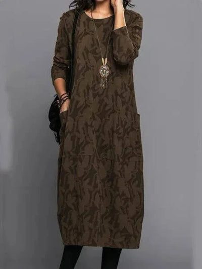 Midi Dress Long Sleeve Cotton Blend & Side Pockets