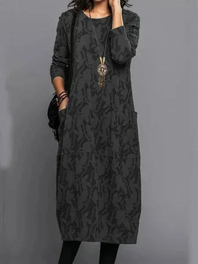 Midi Dress Long Sleeve Cotton Blend & Side Pockets