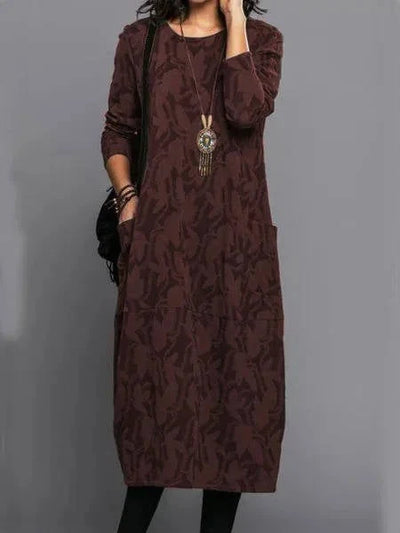 Midi Dress Long Sleeve Cotton Blend & Side Pockets
