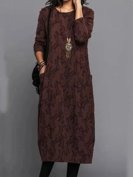 Midi Dress Long Sleeve Cotton Blend & Side Pockets